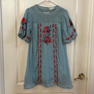 Umgee Floral Embroidered Boho Bell Sleeve Blue Dress Size S
